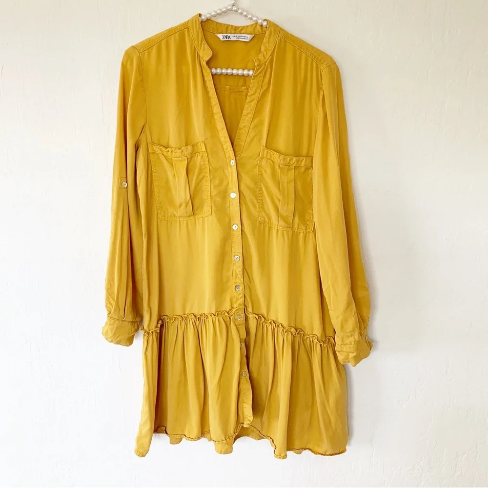 Zara Shirt Dress Mustard Yellow With Ruffled Hem - Picture 8 of 15